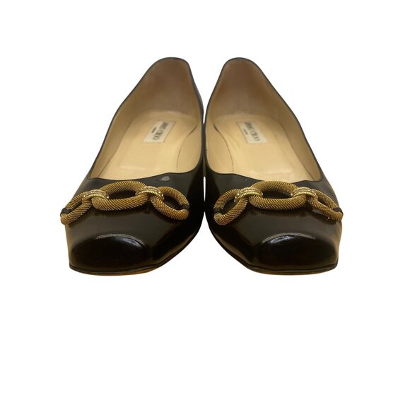 Jimmy Choo Women’s Black Patent Leather Chain Embellished Kitten Heels Size 41.5 - Picture 2 of 9